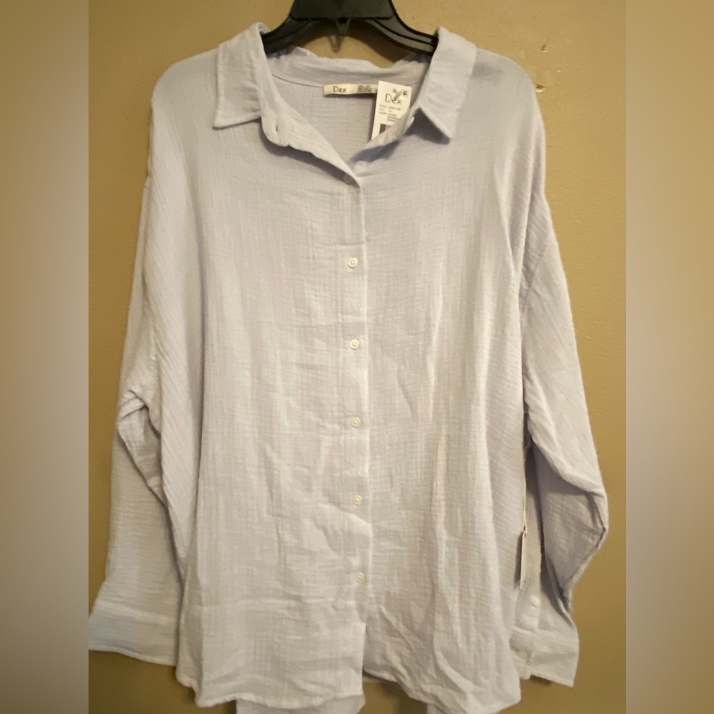DEX Women 1X Light Blue Button-Up Shirt 100% Cotton